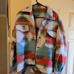L Aztec print jacket with raw hem edges, so cute for fall/winter